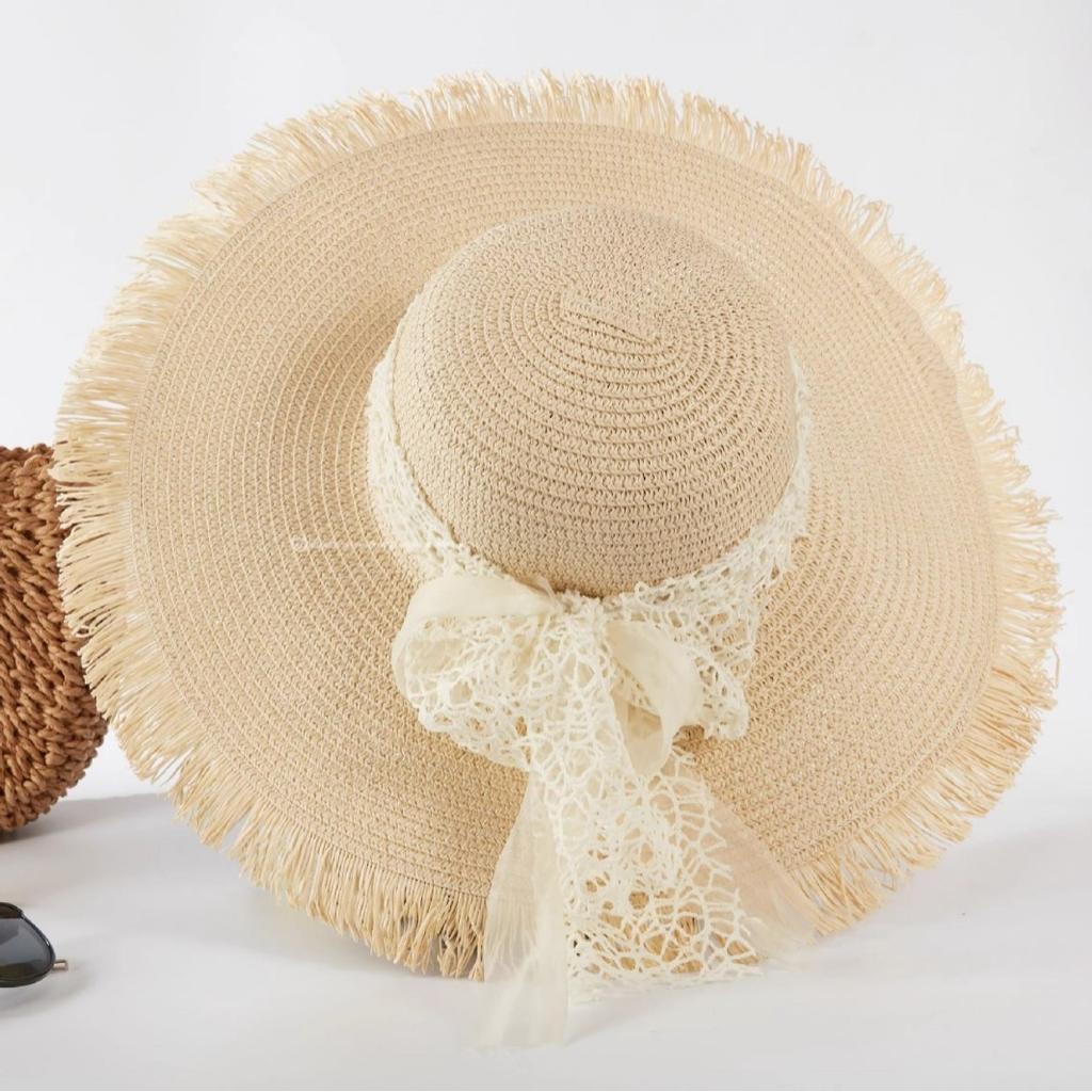 Lace Bow Straw Hat Women's Summer French Large Brim Sunscreen Hat Seaside Beach Vacation Sun Hat