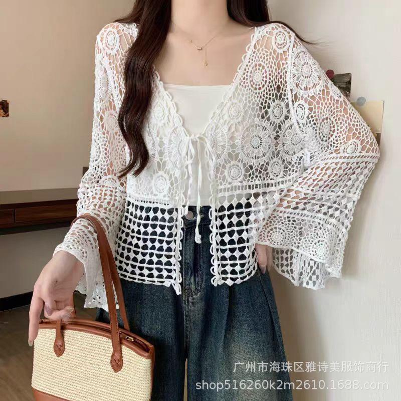 Fashion loose and thin hollow crochet knitted sweater women's new foreign style unique chic cardigan long-sleeved top