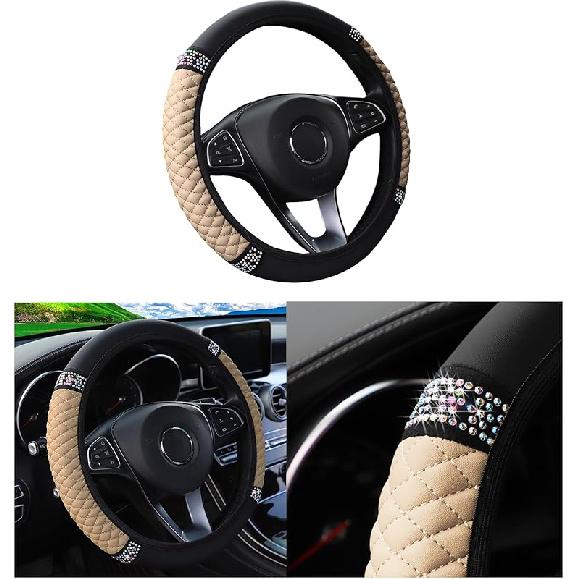 Bling Car Steering Wheel Cover, 15 Inch Rhinestones Soft Leather Elastic Steering Wheel Protector, Sparkly Crystal Diamond For Women Girls, Car