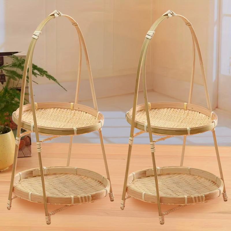 1/2pack Multilayer Bamboo Woven Basket with Handle Fruit Snacks Pastry Tray Versatile Storage for Party Picnic Baking Decor Rack