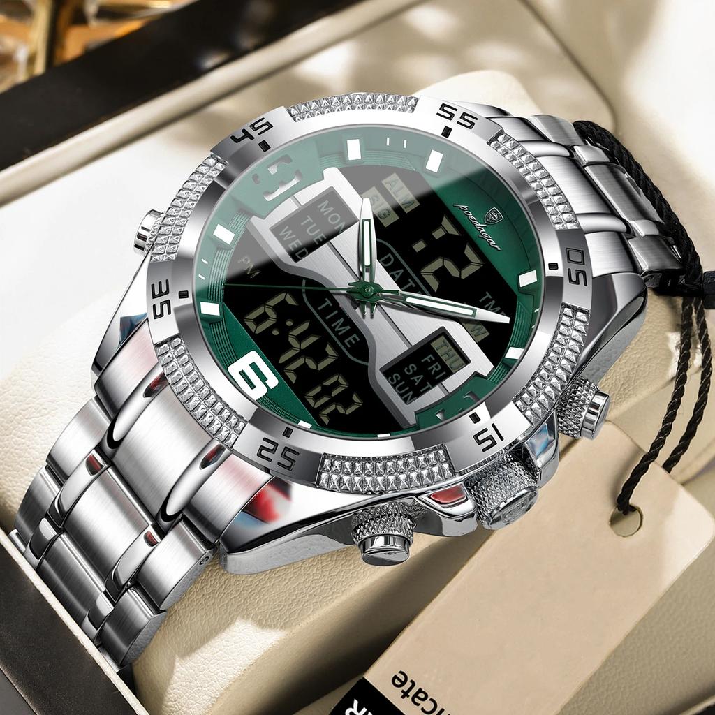 POEDAGAR Sports Luxury Man Wristwatch Dual Time Display Digital Week Date LED Luminous Men Watch Electronic Quartz Watches