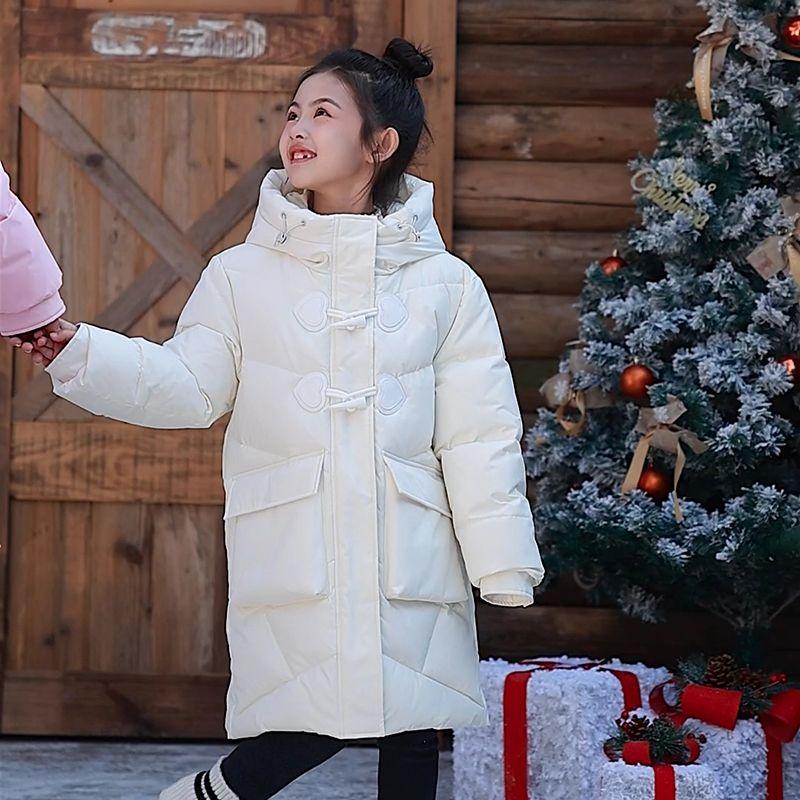Modische lange Daunenjacken für Mädchen, verdickte Weißenten-Daunenjacken für Kinderprinzessinnen und verdickte Wintermäntel