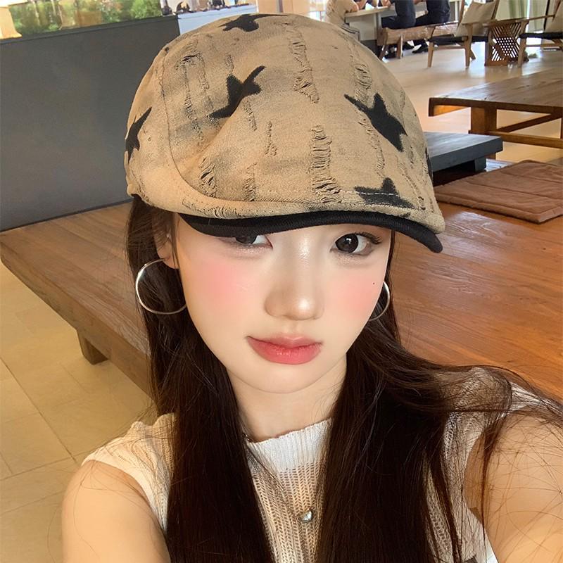 Korean Style Women's Versatile Distressed Star Newsboy Cap, Reversible Trendy Beret for Large Head Circumference