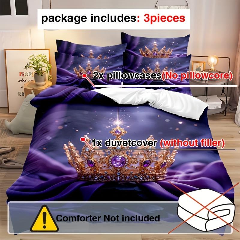 3Pcs Duvet Cover Set, Includes 1 Duvet Cover And 2 Pillowcases, No Insert Ultra-Soft Comfortable Breathable Purple Crown Pattern
