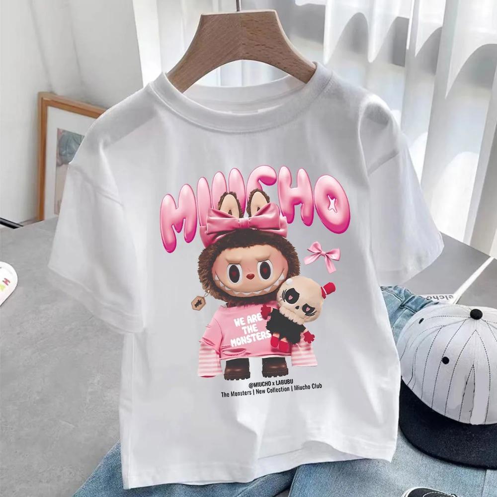Maglietta Bianca Labubu per Bambini Carina Maglietta Cartone Animato Top Anime Girocollo Manica Corta Vestiti Moda Abbigliamento Estivo per Bambini Regalo