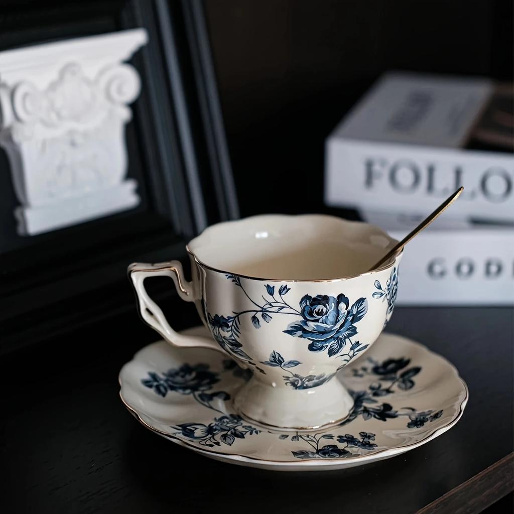 1Set Simple Floral Ceramic Coffee Cup and Saucer, High-End Accessible Luxury Cup and Saucer, Home Commercial Office Afternoon Tea Matchinging Goodies,