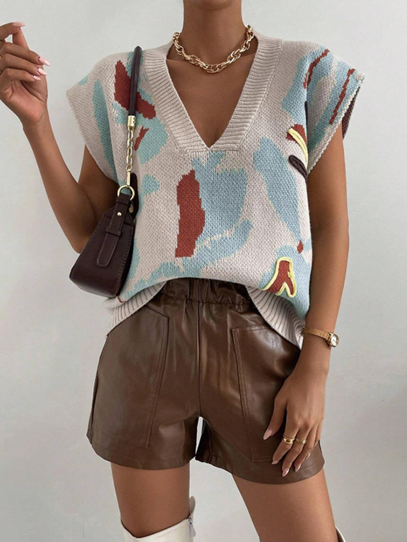 

Women s Threaded V-neck Sweater Fashion Knitted Vest L