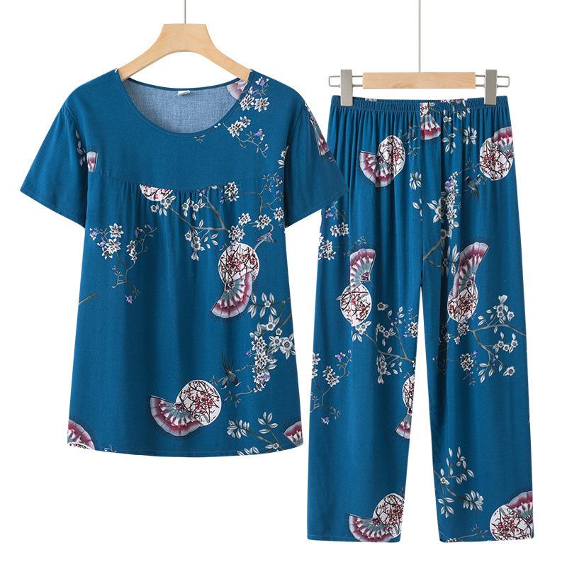 Women Loose Fit Suit Flower Printed Women's Top Pants Set with Retro Style Elastic Waist Breathable Fabric 2 for Grandmother's