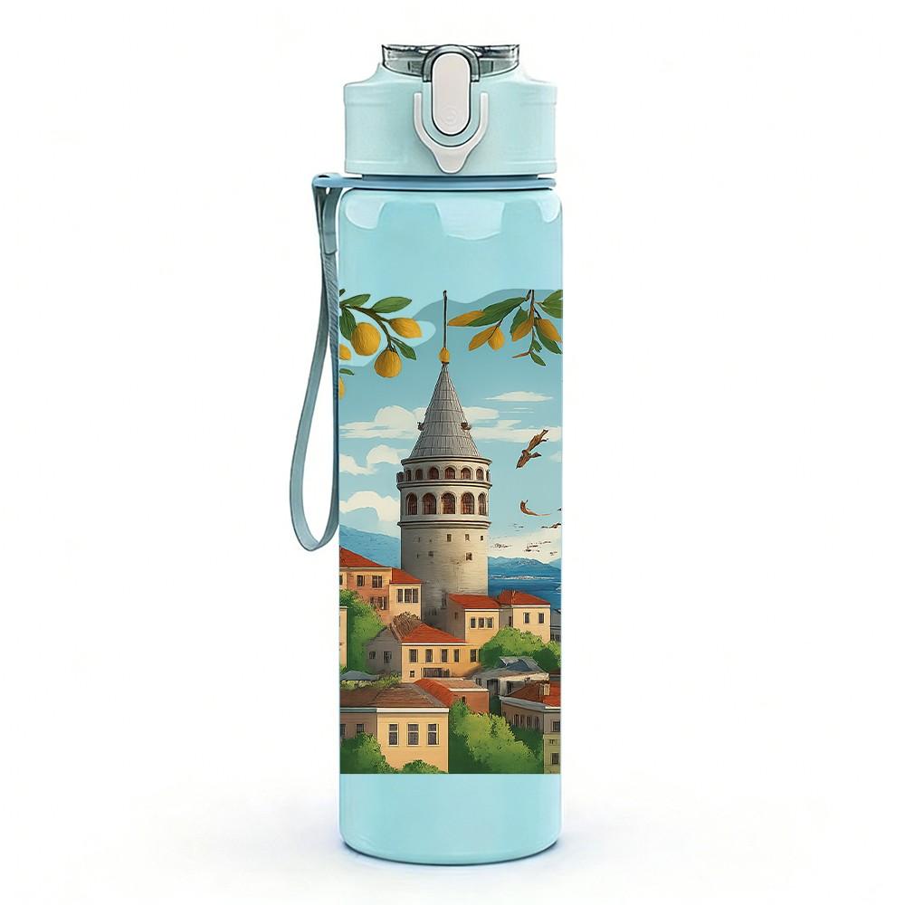 1PC Istanbul Mosque City Landscape Print 750ml Color Plastic Sports Water Bottle Leakproof Flip Straw Lid Suitable for Sports Office Home Use