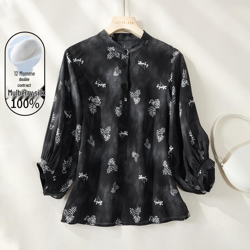 

Women s New Chinese Style 12 Momme Silk Crepe Printed T-Shirt L