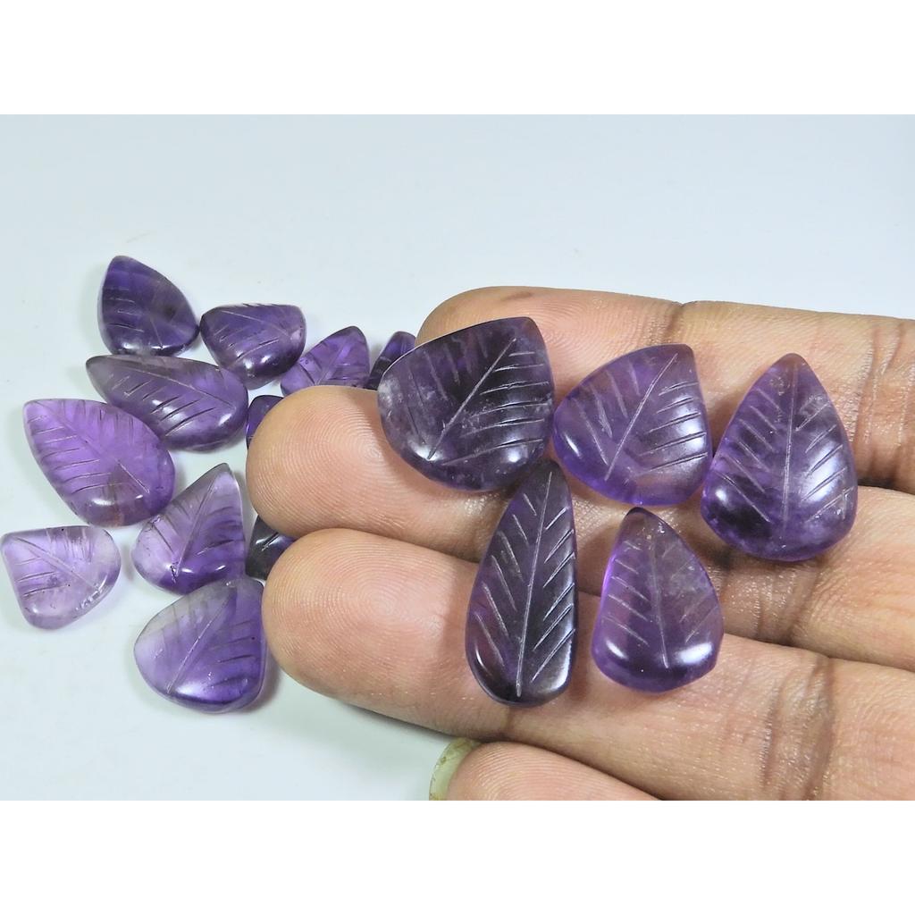 149Cts. Natural Amethyst Leaf Carving Pear Cabochon Loose Gemstone 19Pcs Lot A-539