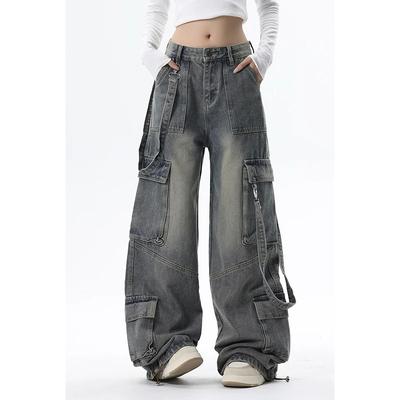 Calça cargo jeans feminina azul streetwear cintura alta calças largas americanas moda estilo Y2K calças retas de inverno femininas