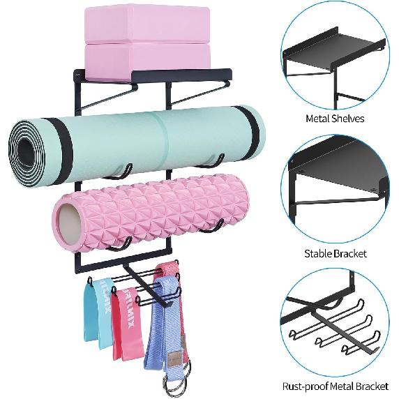 Duvara Monte Edilebilir Yoga Matı Tutucu Yoga Matı Saklama Rafı Ev Spor Salonu Aksesuarları Köpük Rulo ve Direnç Bantlarını Asmak İçin 3 Bölmeli ve 7 Kancalı