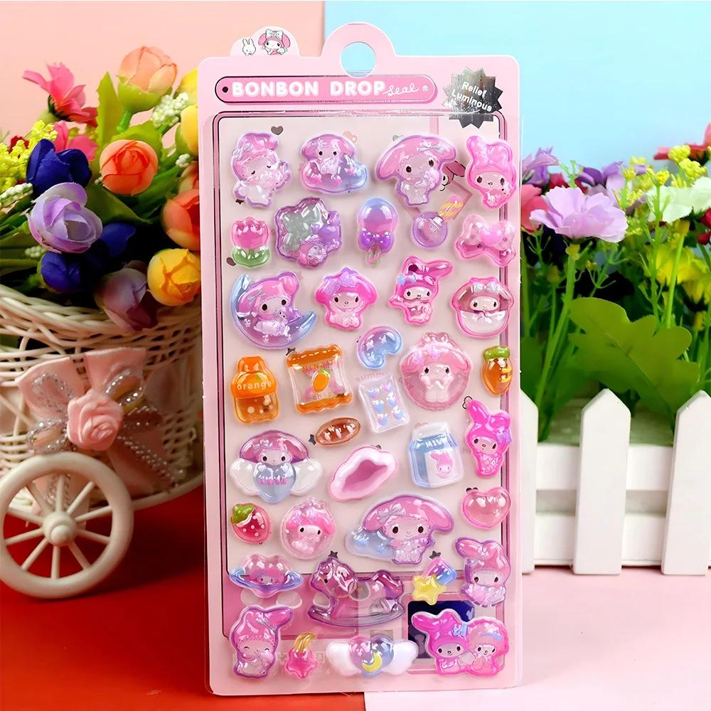 3D Hello Kitty Stickers Relief  Melody Crystal Kawaii Kuromi Luminous Cinnamoroll Sticker Decals Kids Decoration Packs Gift