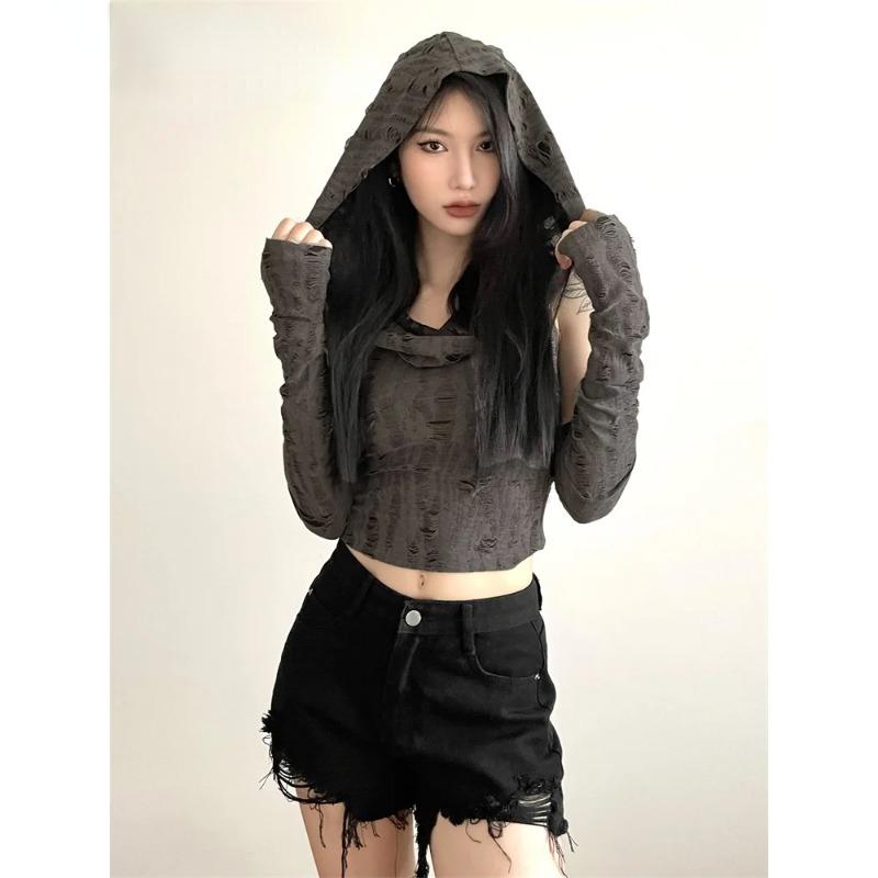 Sylcue Einfarbiges Vintage-Distressed-Design, schlichtes All-Match, modisch, cool, cool, für den Sommer, reisefrei, gestricktes Kapuzenoberteil für Damen