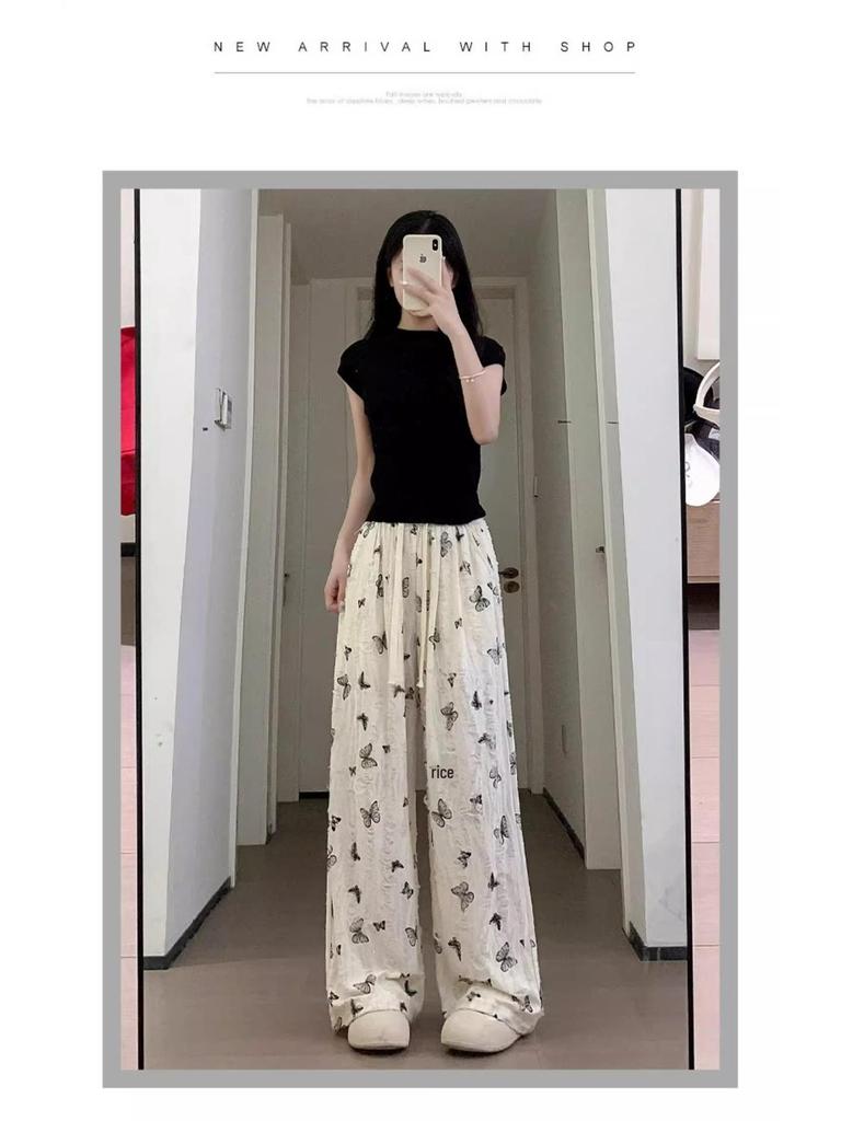 Petite High Waist Bow Wide-Leg Ice Silk Pants - Women's Summer Style