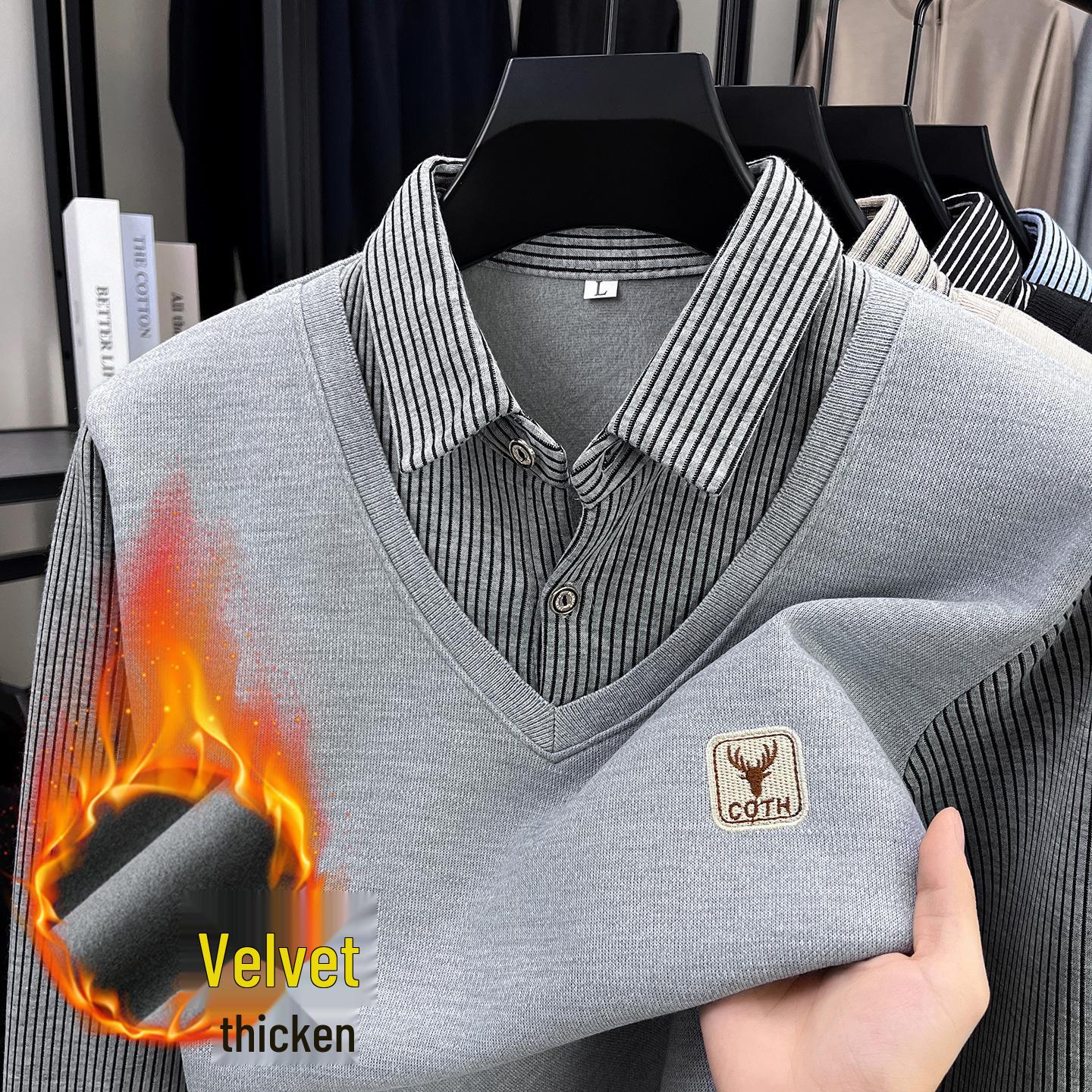 

Men s Faux Two-Piece Warm Knit Shirt Collar Sweater for Autumn and Winter - Casual Business Middle-Aged Base Layer 3XL сірий колір