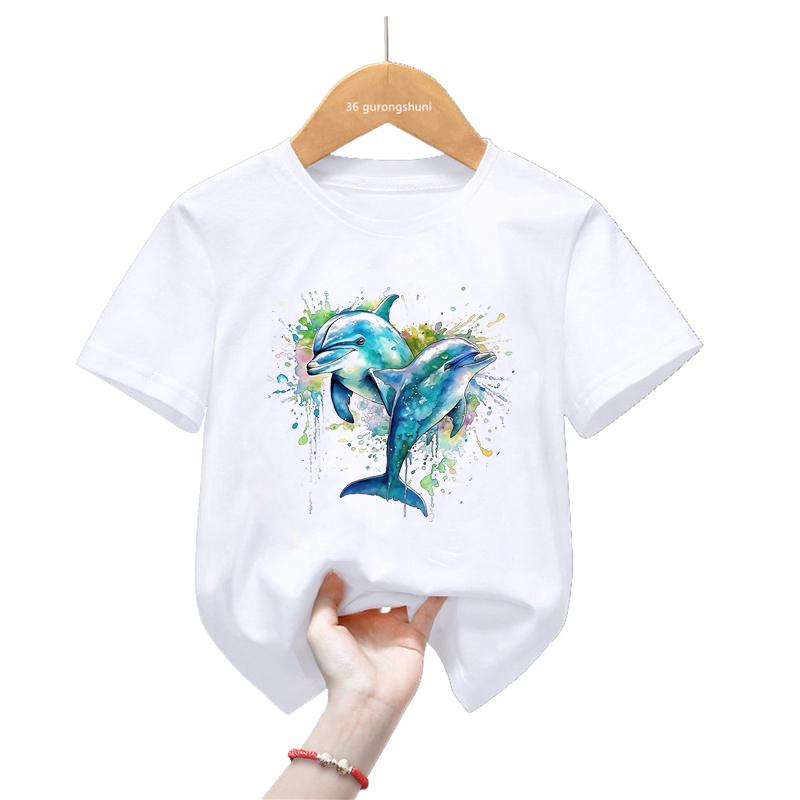 Watercolor Dolphin Love Printed Tshirt Girls/Boys Harajuku Kawaii Kids Clothes Summer Fashion Short Sleeve T-Shirt