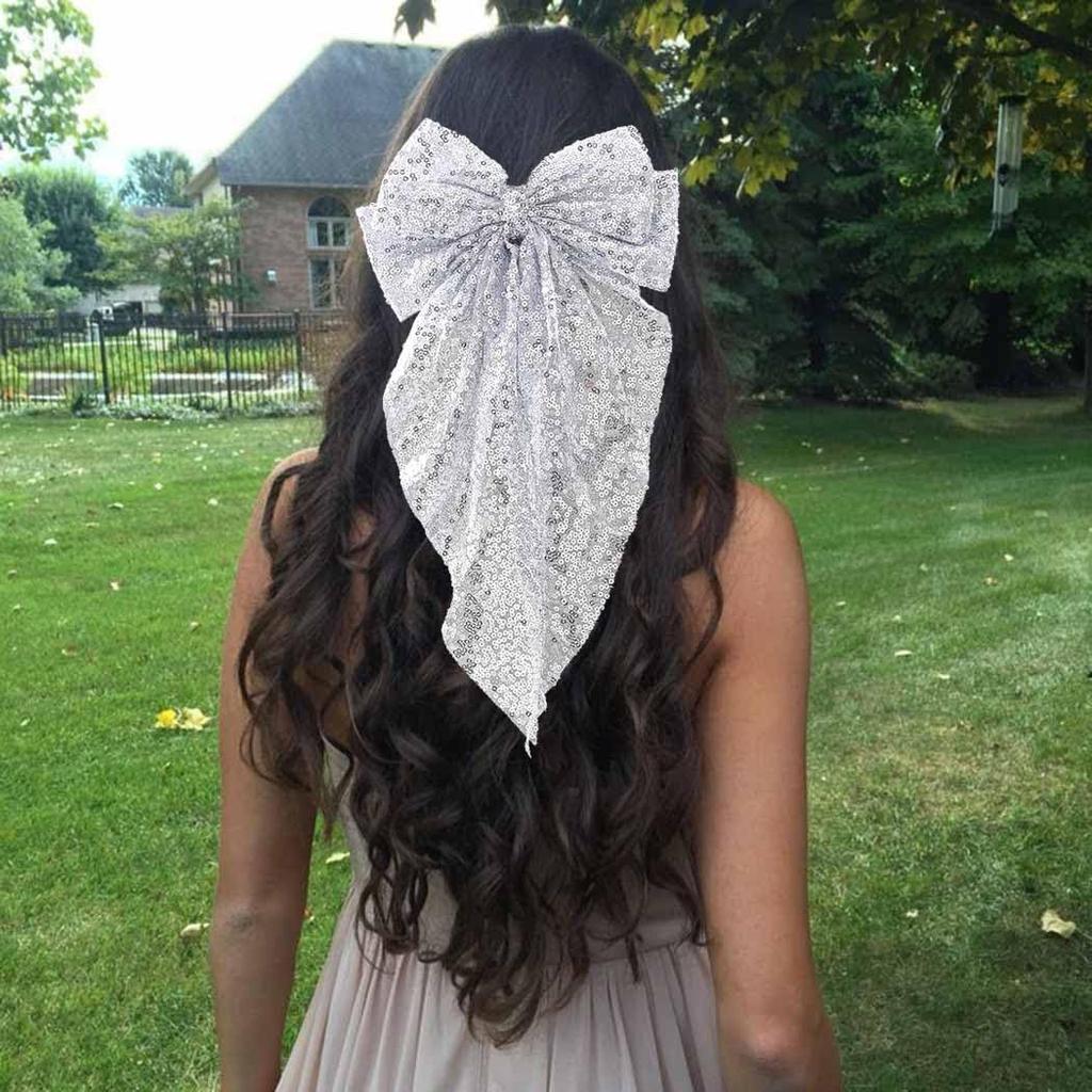 Fashionable Sequined Bow Spring Clip Mesh Ribbon Hair Clip Elegant Christmas and New Year Party Hair Accessory