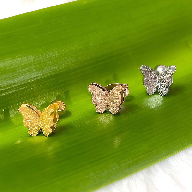 Elegant Frosted Double-Layer Butterfly Stud Earrings - Versatile Stainless Steel with Screw-back for Women