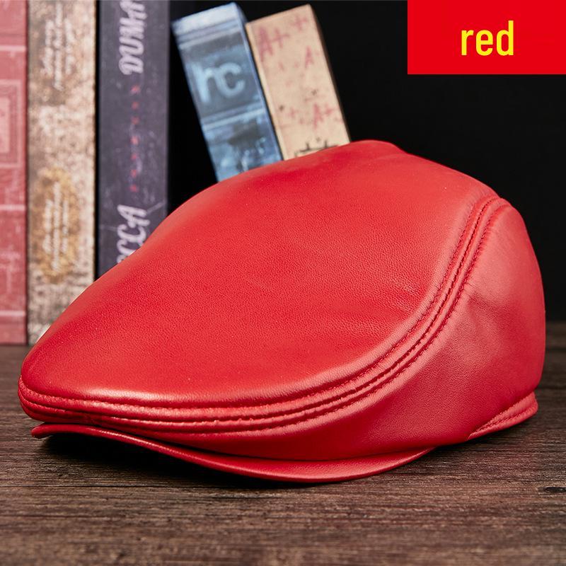 Unisex Dark Red Genuine Leather Sheepskin Flat Cap - Korean Style Warm Duckbill Cotton Hat for Autumn & Winter