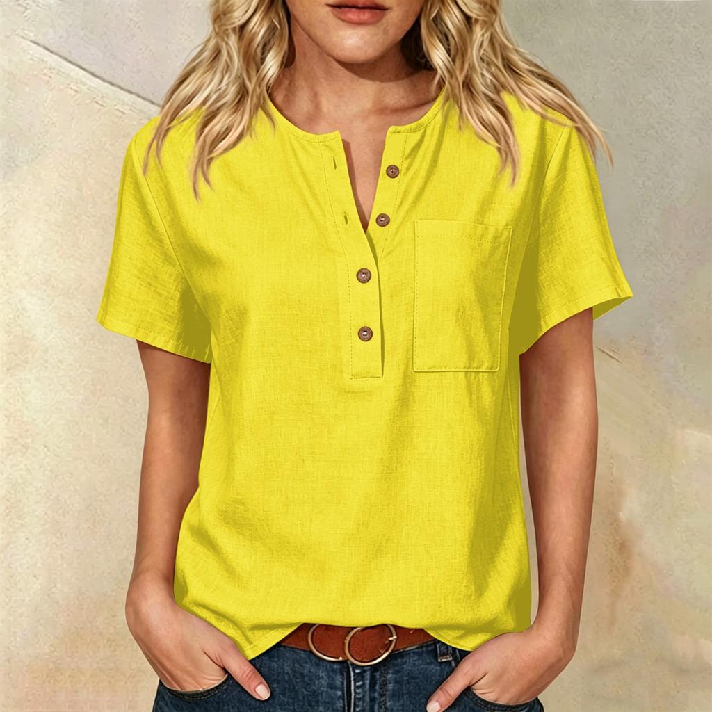 Women Henley Button Neck Short Sleeve Cotton Linen Shirt with Chest Pocket Relaxed Fit Casual Top for Everyday Wear