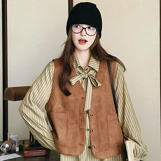 

2026 Spring New Arrival: Women s Two-Piece Set - Long Sleeve Striped Shirt Dress with Vest S (132-154 lbs)