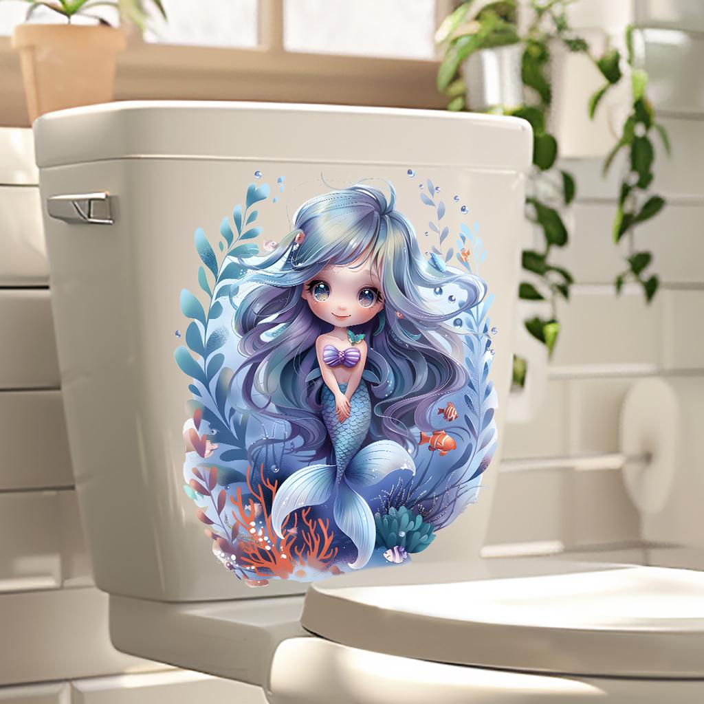 Cartoon Mermaid & Coral Toilet Seat Stickers, Waterproof Removable Self-Adhesive Bathroom Decals