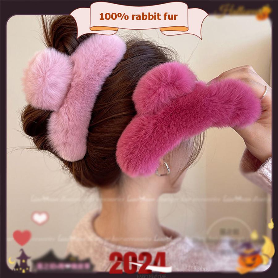 1ks Přírodní králičí kožešina Zimní chlupatá spona do vlasů