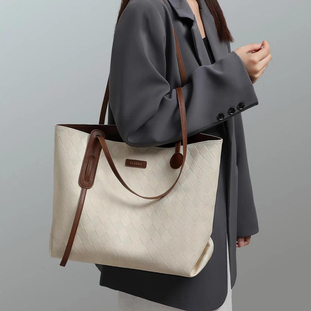 YUYULA Leather Handbag, Women's Tote Bag, Large Capacity, Handheld and Shoulder Strap, Off-White, No Gift Box