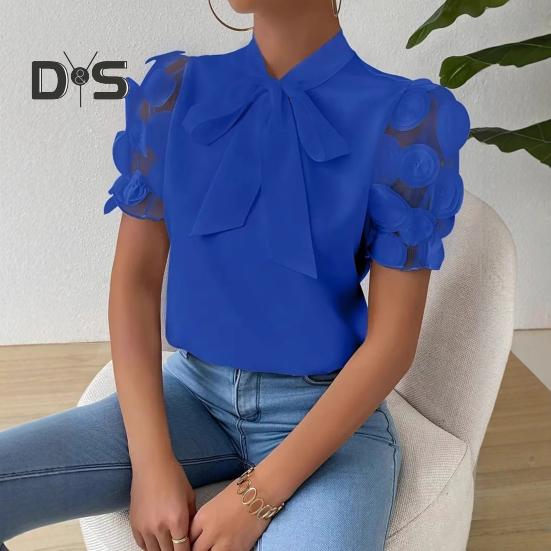 Damen-Shirt mit Schleifenausschnitt, Mesh-Jacquard, kurze Ärmel, Freizeithemd, einfarbige Bluse für den Alltag