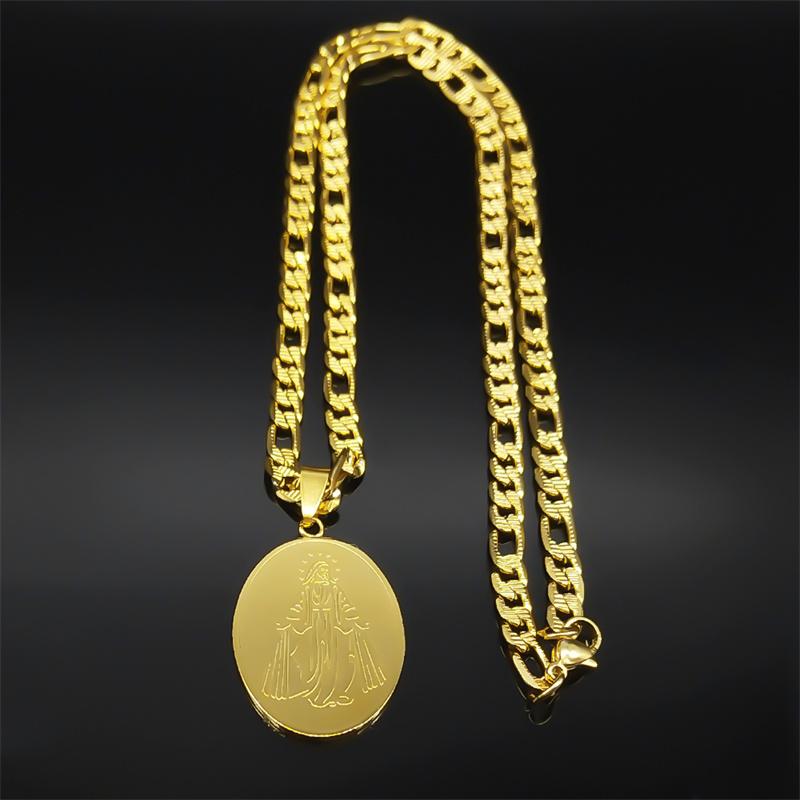 Stainless Steel Virgin Mary Oval Medal Statement Necklace for Women Men Gold Color Geometry Punk Chain Necklaces Jewelry2206