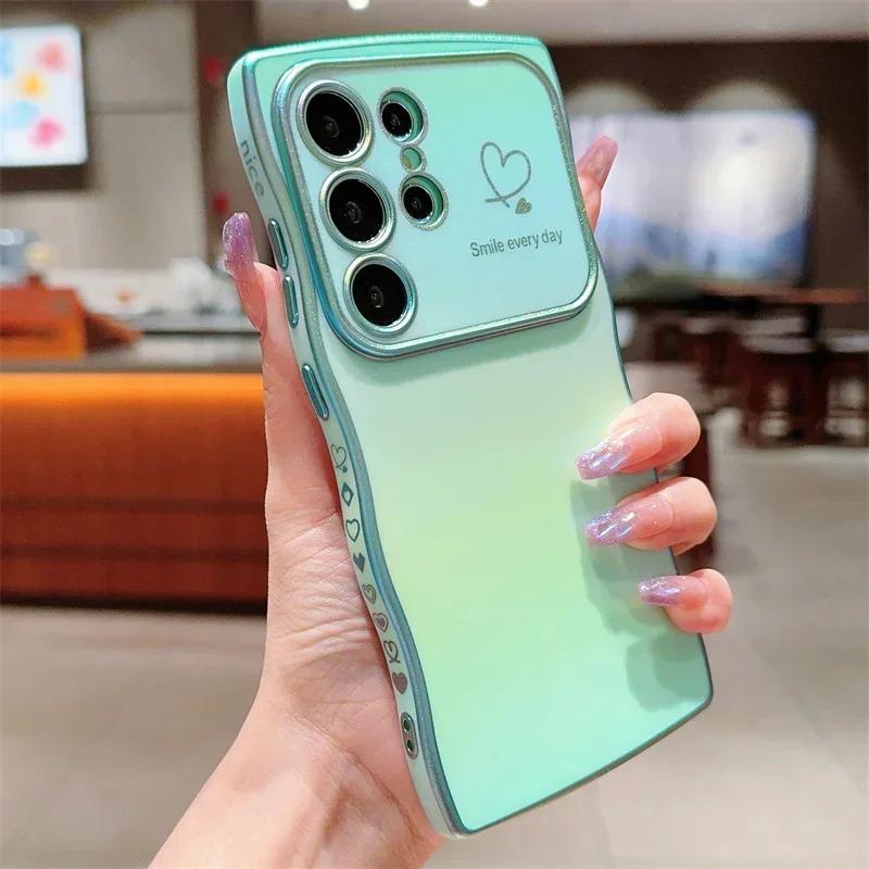 Colorful Love Heart Case For Samsung Galaxy S25 S24 S23 FE S22 Plus Ultra Shockproof Soft TPU Electroplated Wave Back Cover