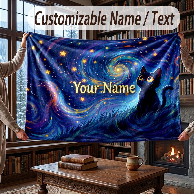 Cat Theme Throw Blanket Custom Name Text Personalized Blanket Soft Cozy Blanket for Home Sofa Bed