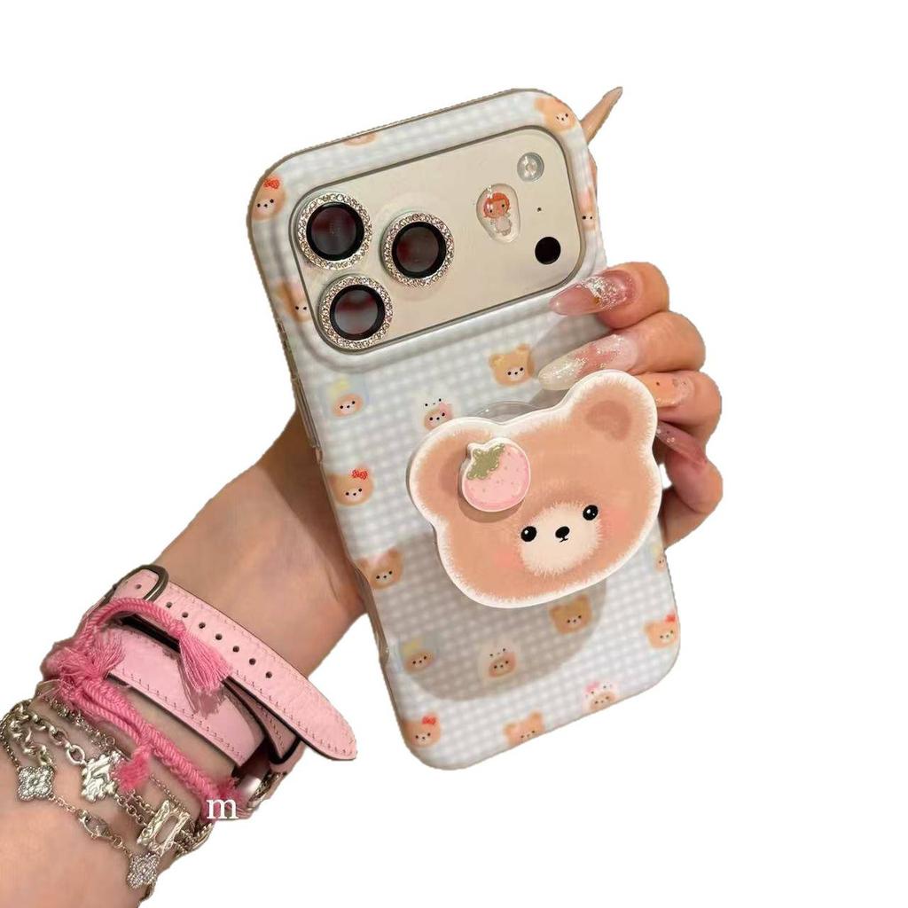 Ins Korean Blue Plaid Bear for iPhone17promax Apple 16 Mobile Phone Case 15pm Explosion 17