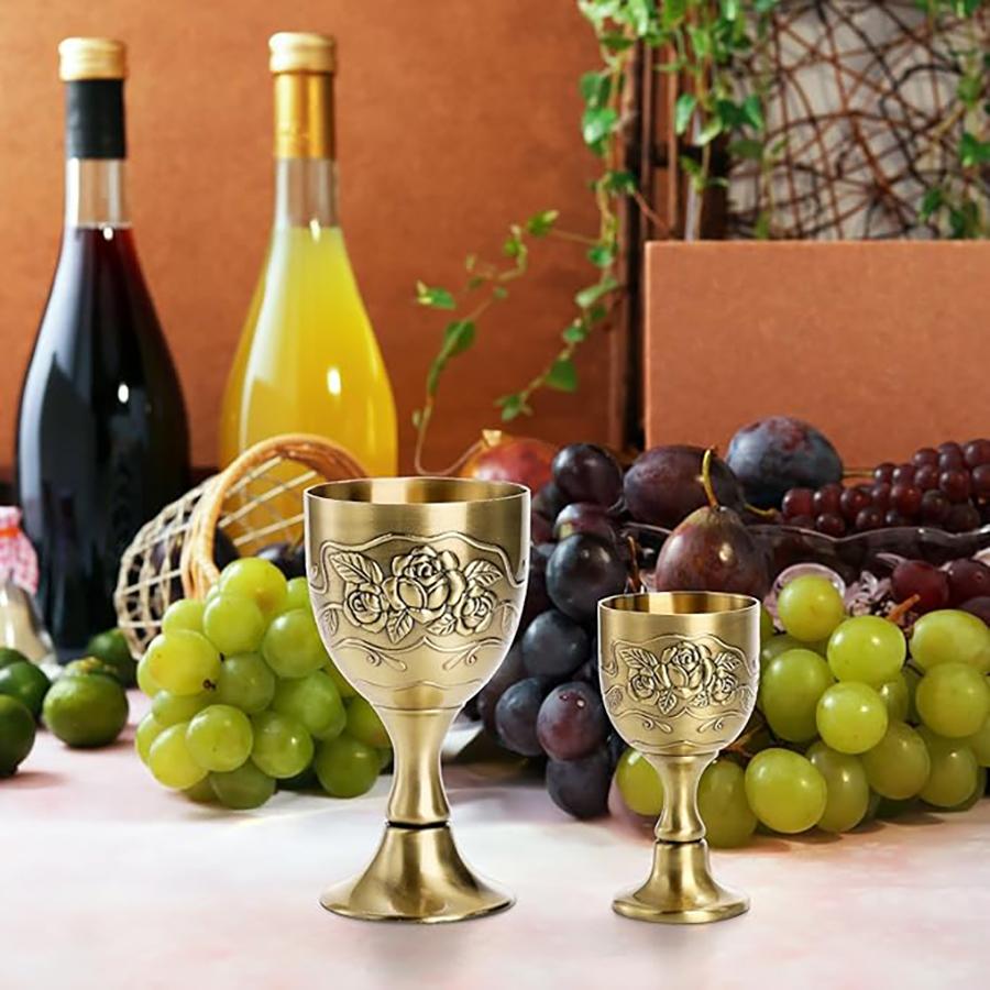 Vintage Goblet Flower Embossed Gold Communion Cup Copper Metal Wine Chalice Flower Embossed Shot Glasses Copper Metal Wine Cups