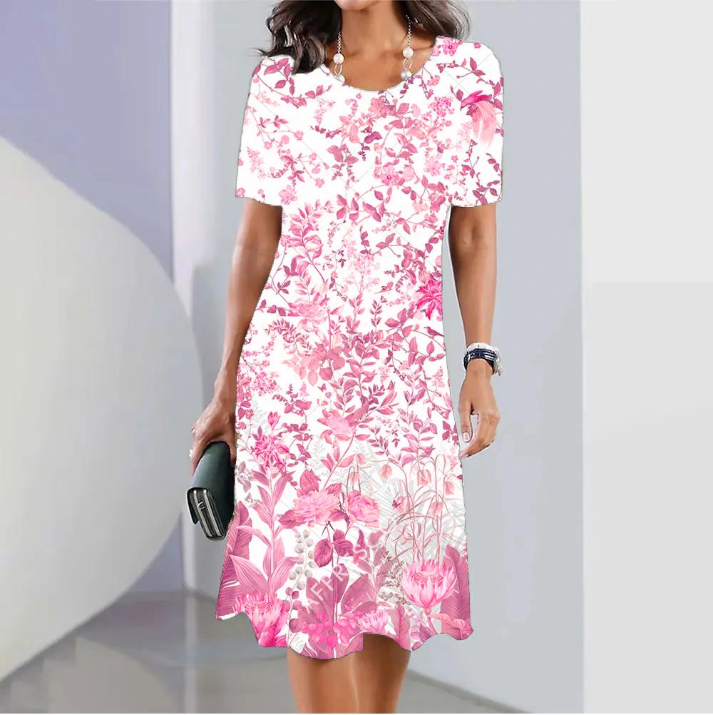 

Женские мини-платья, летнее платье с коротким рукавом и фиолетовыми розами, повседневная мода, круглый вырез, 3D-принт, свободная женская новая одежда XL