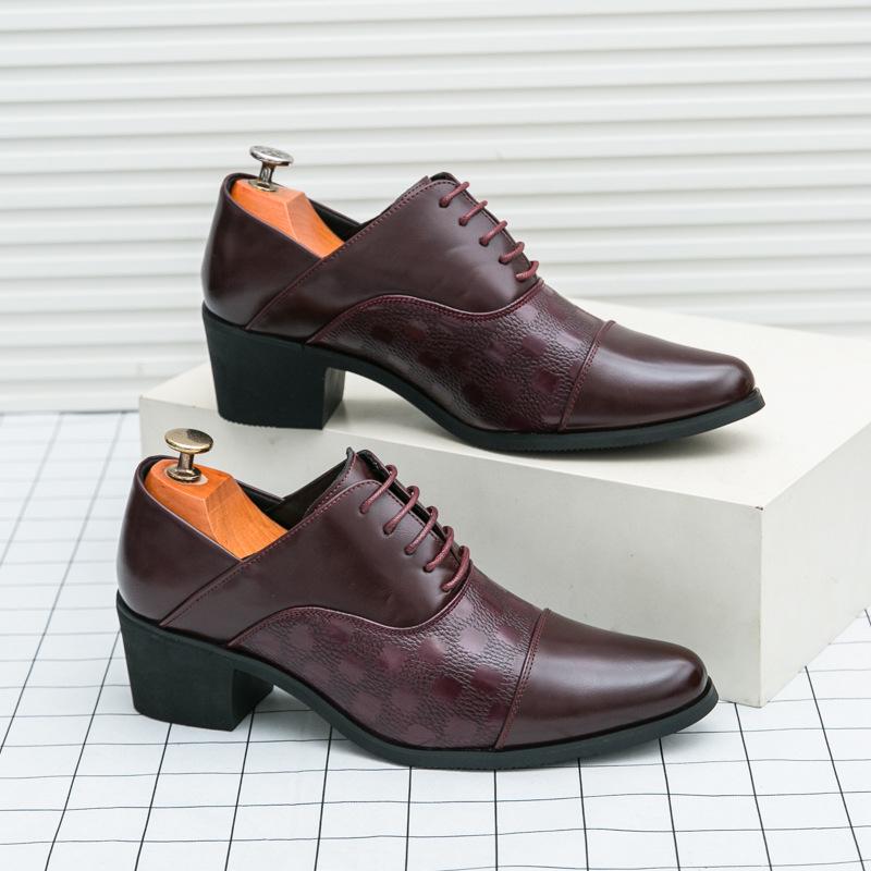 Men's Retro Leather High-Heeled Formal Shoes - Size 46, Pointed Toe, Low-Top, with Height Boost for Business or Wedding