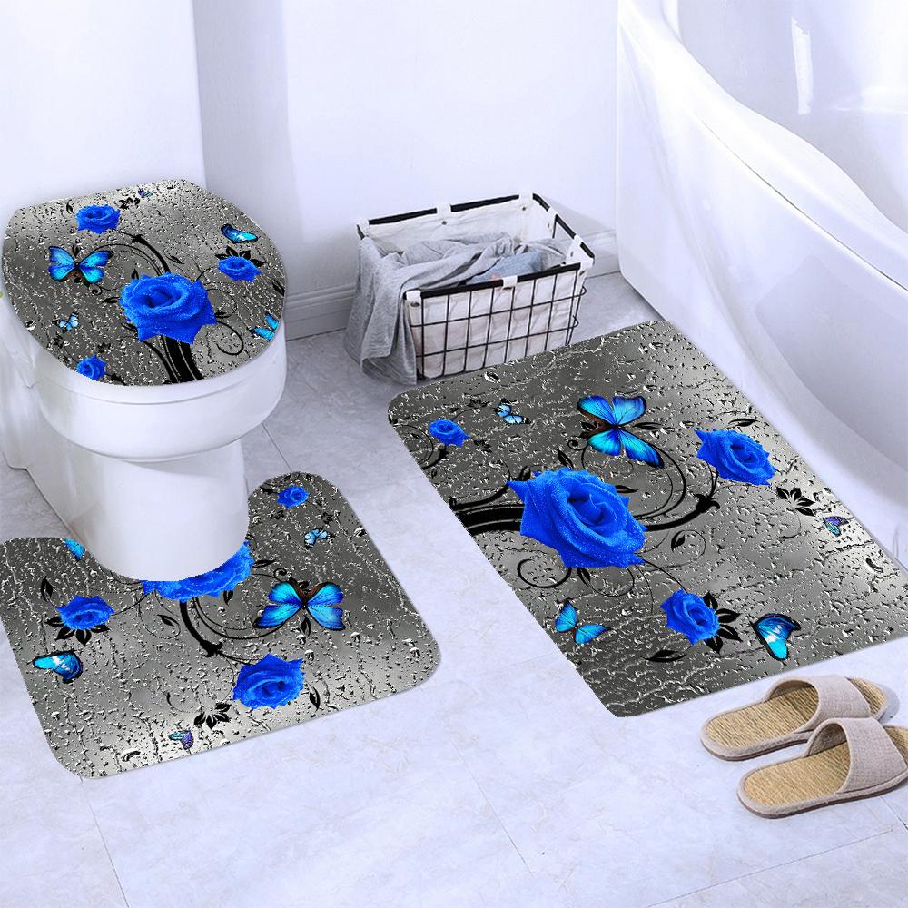 

180*180cm Blue Rose Flowers Fabric Shower Curtains Bath Mat Rugs Beautiful Butterfly Flower Bathroom Curtain Set Home Decoration