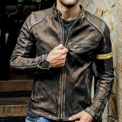 Men's Retro Patent Leather Zipper Long Sleeve Solid Collar Leather Fashion Trend Stitching Autumn and Winter New Leather Jacket
