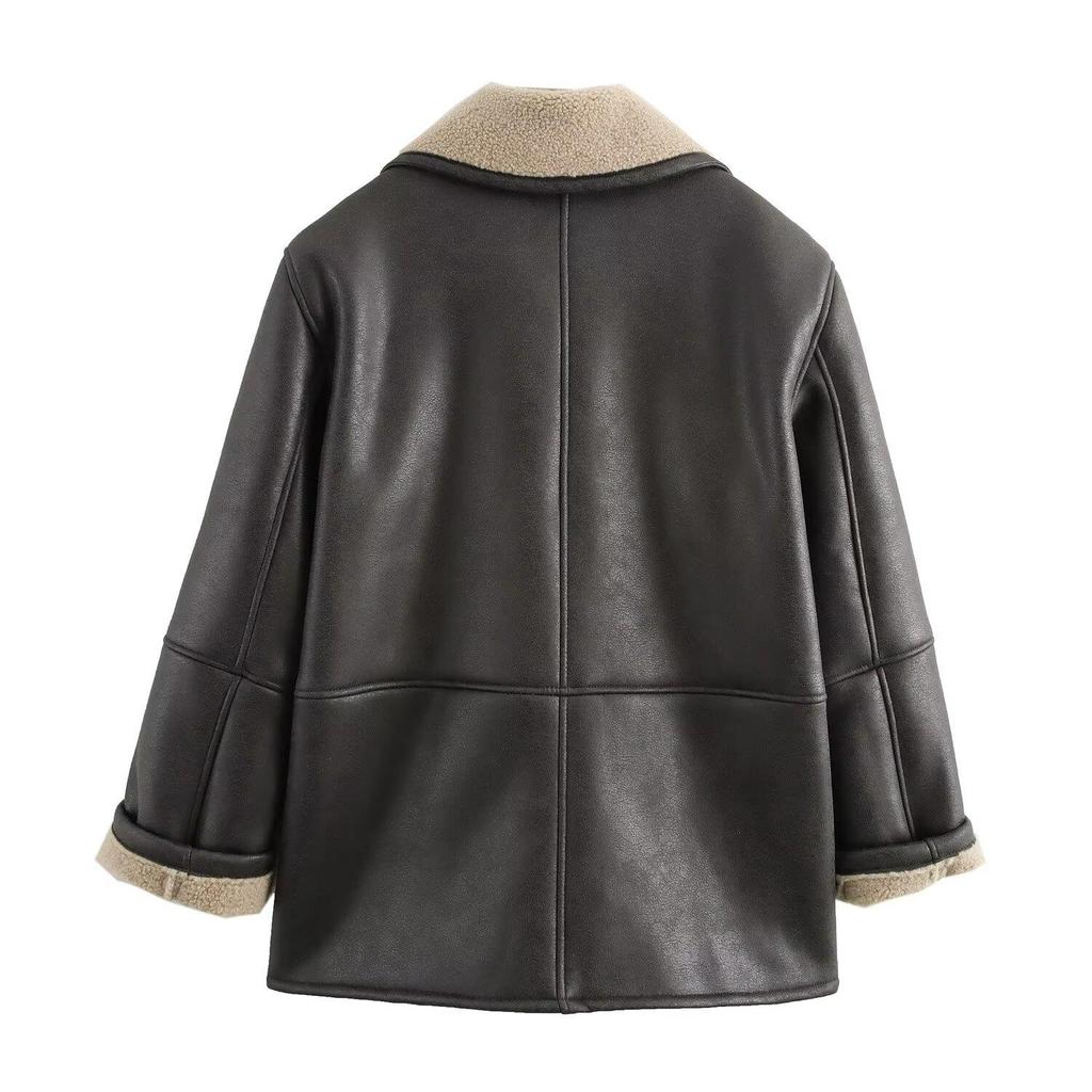 Autumn 2024 Women's Loose Mid-Length Lapel Shearling Double-Faced Coat Jacket
