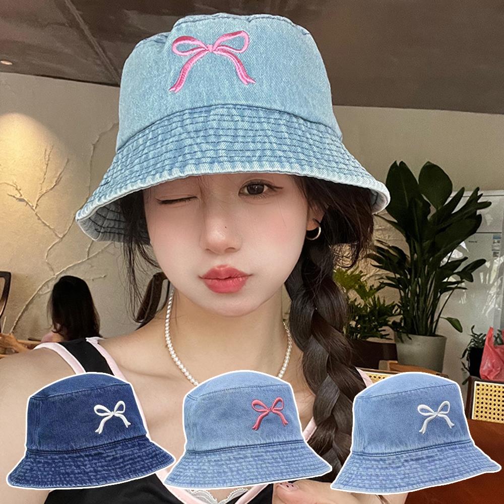 Summer Embroidery Bow Washed Denim Bucket Hat For Women Panama Hats Outdoor Fisherman Hat Beachside Sunscreen Visor Cap