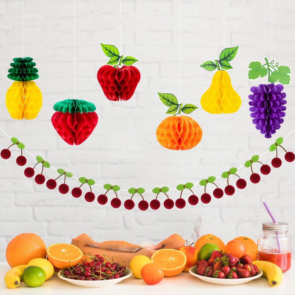 Spring Tropical Fruit Party Ceiling Decorations: Pineapple, Strawberry, Apple, and Grape Honeycomb Balls