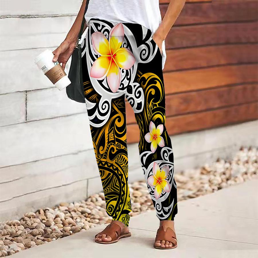 Women Flower Printing Pants Lace Up Elastic Waist Loose  Trousers Casual Long Pants Trousers with Pockets
