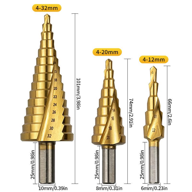 Triangle Shank Spiral Flute Step Drill Bit Set (Sizes 4-12, 4-20, 4-32)
