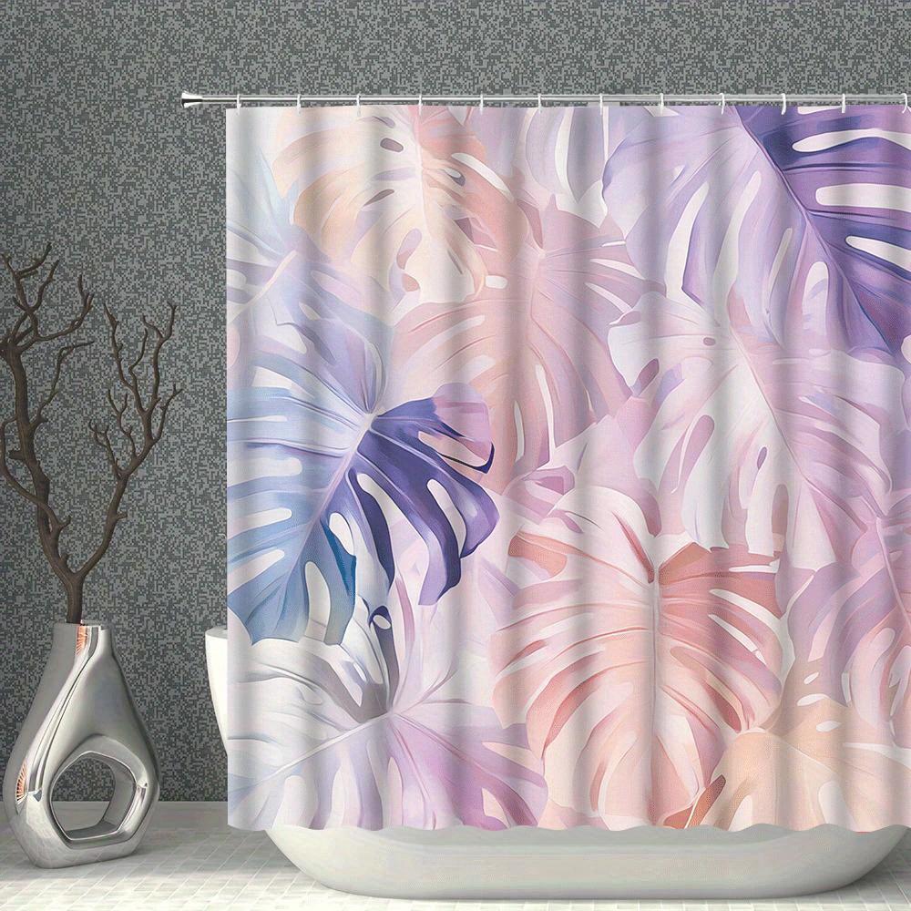 1pc Monstera Leaf Print Shower Curtain - Tropical Pink & Purple Polyester Bathroom Decor with 12 Hooks, Machine Washable