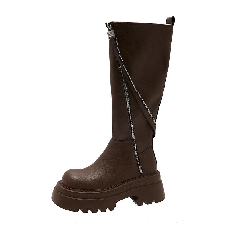 Women High Boots Square Heel Anti-slip Side Zip Winter Women Brand Designer Motorcycle Boots High Heels Outdoor Platform Shoes