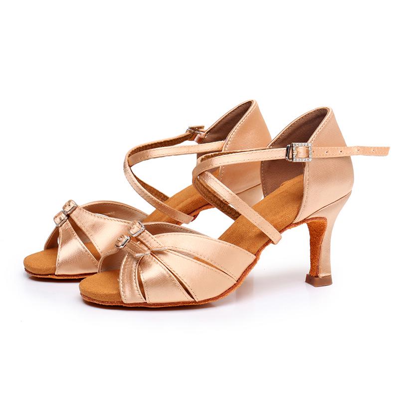 New Adult Latin Dance Shoes: Double Diamond Buckle, Soft Sole, High Heel, Denim, Wide Fit