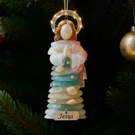 Yousheng Sea Glass Jesus Christmas Ornament Handmade Jesus Hanging Decoration Coastal Nativity Christmas Tree Ornament for Home Decor
