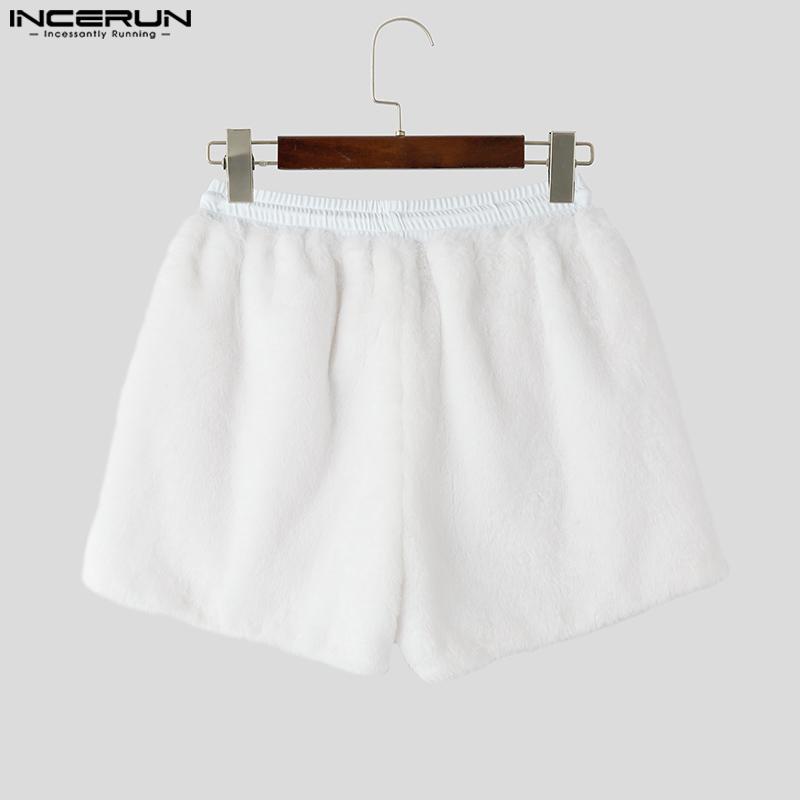 INCERUN Men Drawstring Elastic Waist Zip-up Hem Furry Mini Shorts Pants